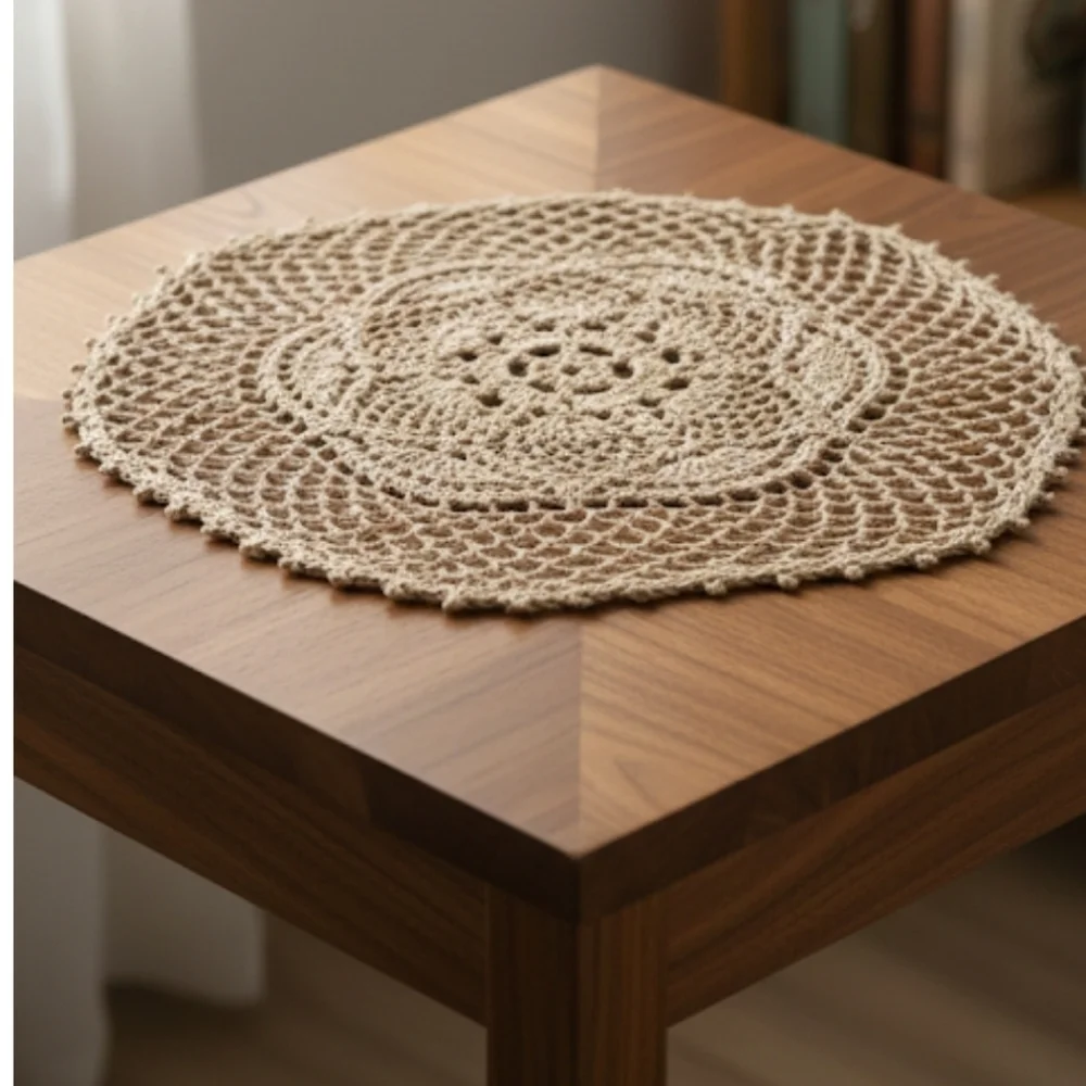 Hand Crafted Crochet Round Lace Doilie Handmade Floral Centerpiece Beige Vtg Mat